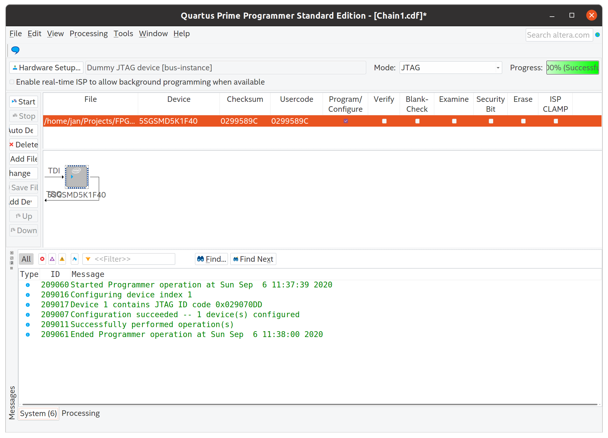 A dummy JTAG device being programmed in Quartus Programmer